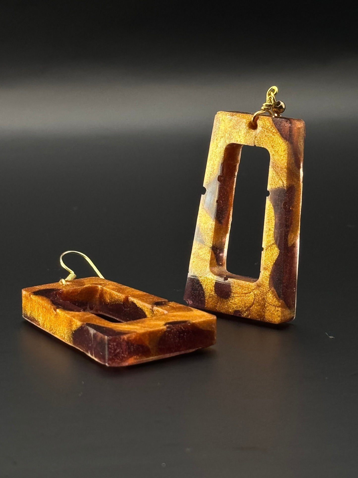 Hollow Rectangle with Translucent Purple & Metallic Gold Drop Epoxy Resin Earrings with Gold Hooks