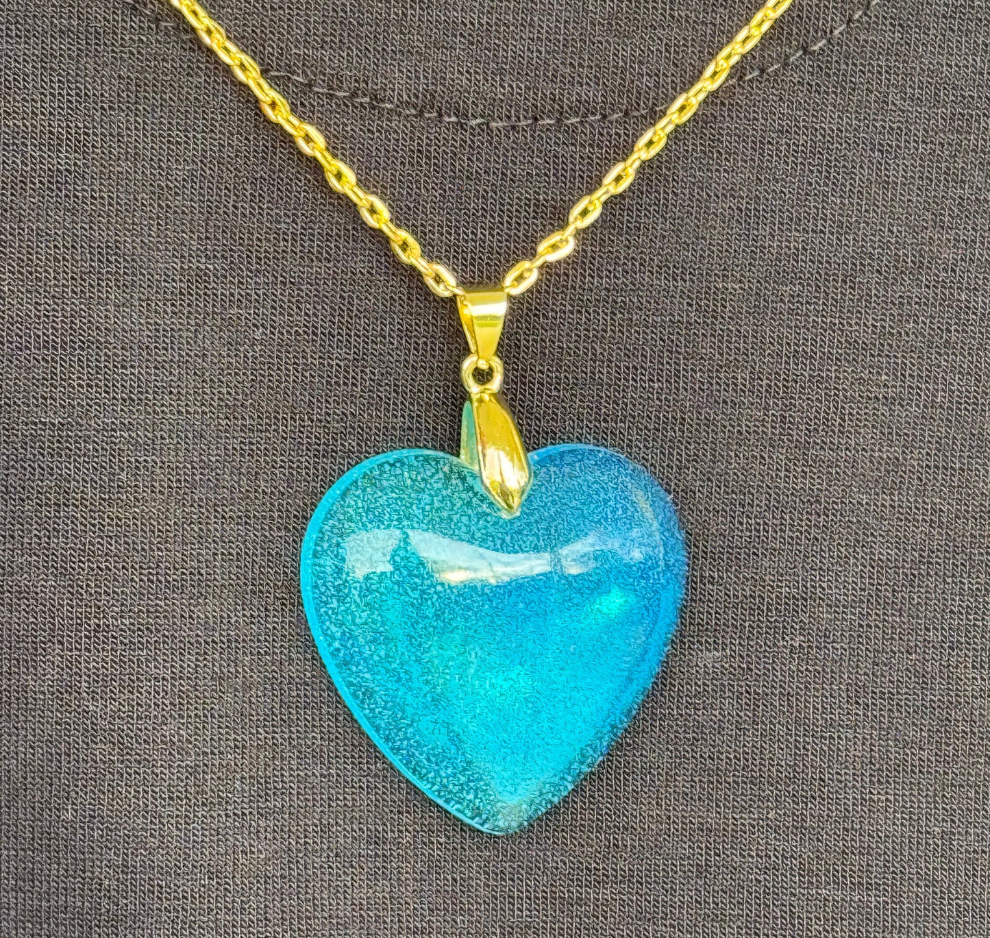 Translucent Ocean Blue and Teal Swirl Heart Epoxy Resin Long Gold Chain Pendant