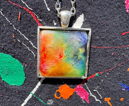 Square Rainbow Pride Petri Style Resin Pendant on Silver Bezel with Long Chain