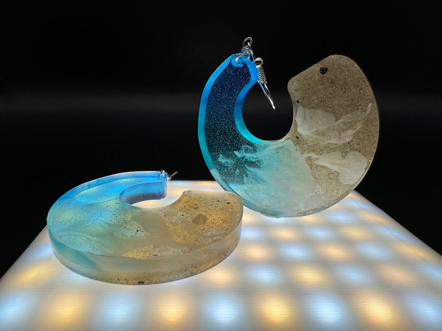 Ocean Waves Real Sand Circle with Negative Space Translucent Handmade Epoxy Resin Earrings with Silver Hooks