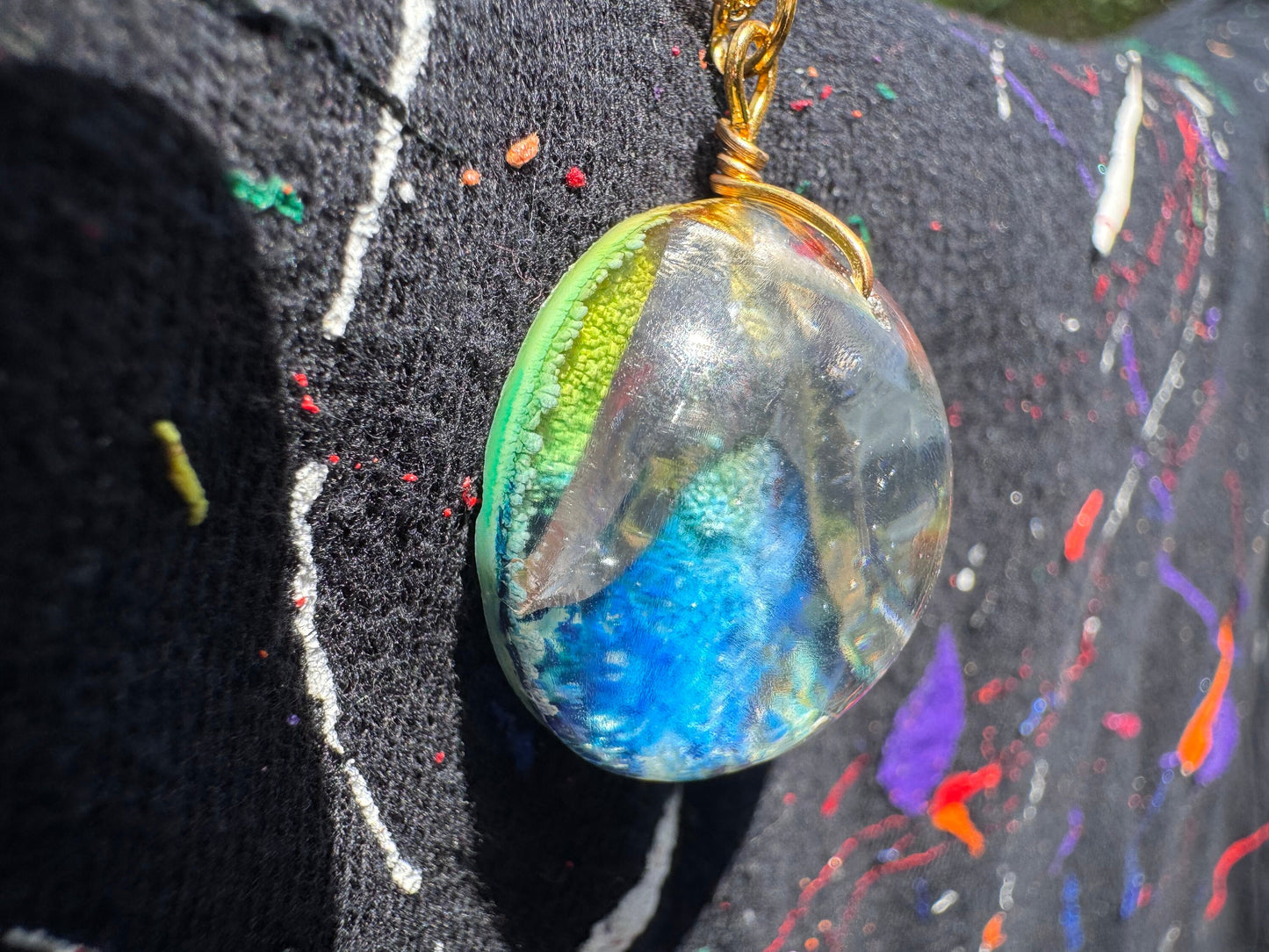 Cracked Rainbow Pride Petri Style Clear Half Sphere Pendant with Long Gold Chain