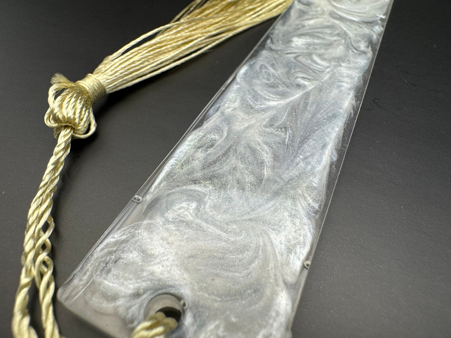 1.2 x 7.7 Bookmark Metallic White Swirled with Pastel Yellow Tassel