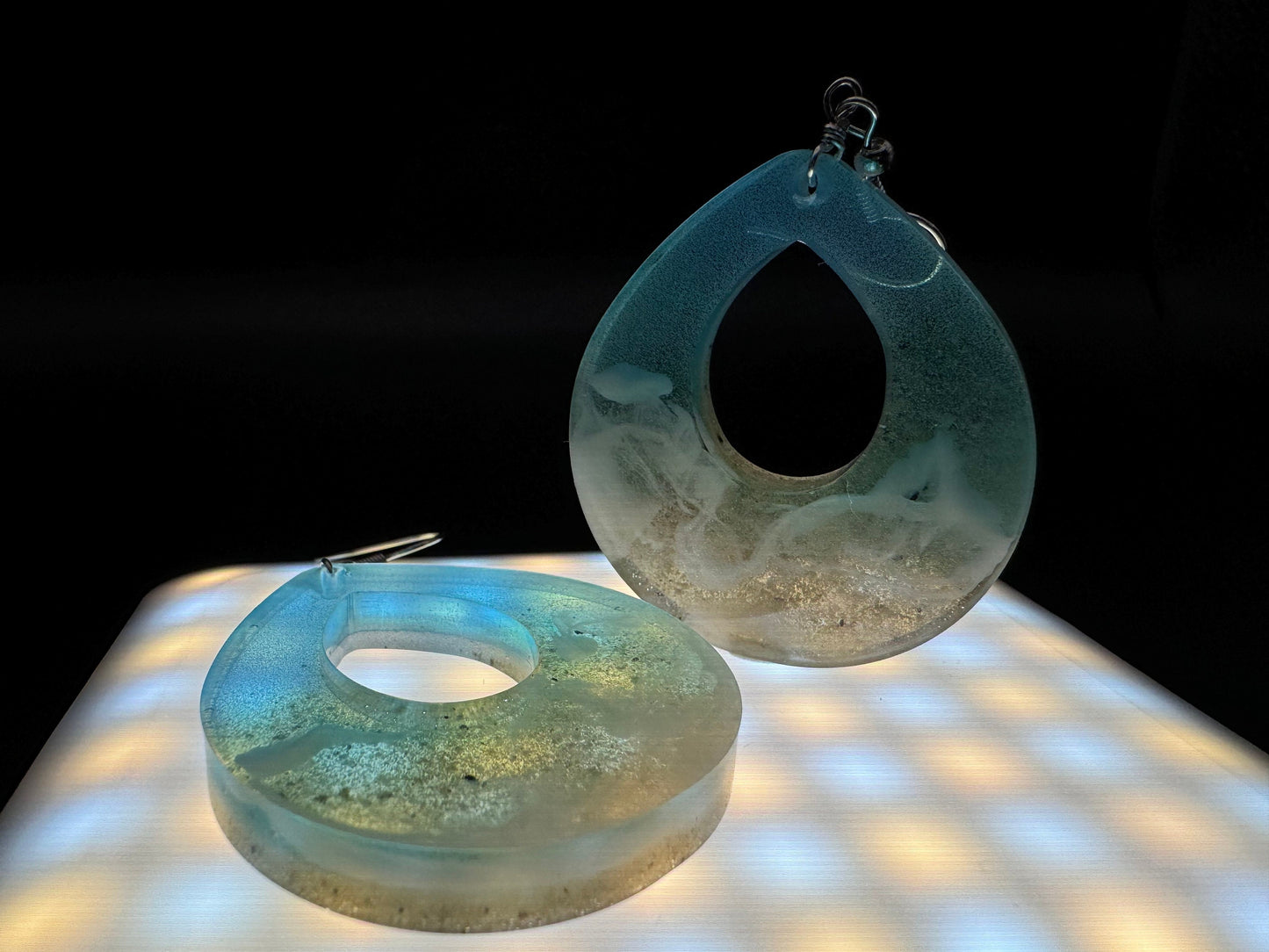 Teardrop with Negative Space Translucent Ocean Waves Blue Teal Real Sand Handmade Epoxy Resin Earrings with Silver Hooks