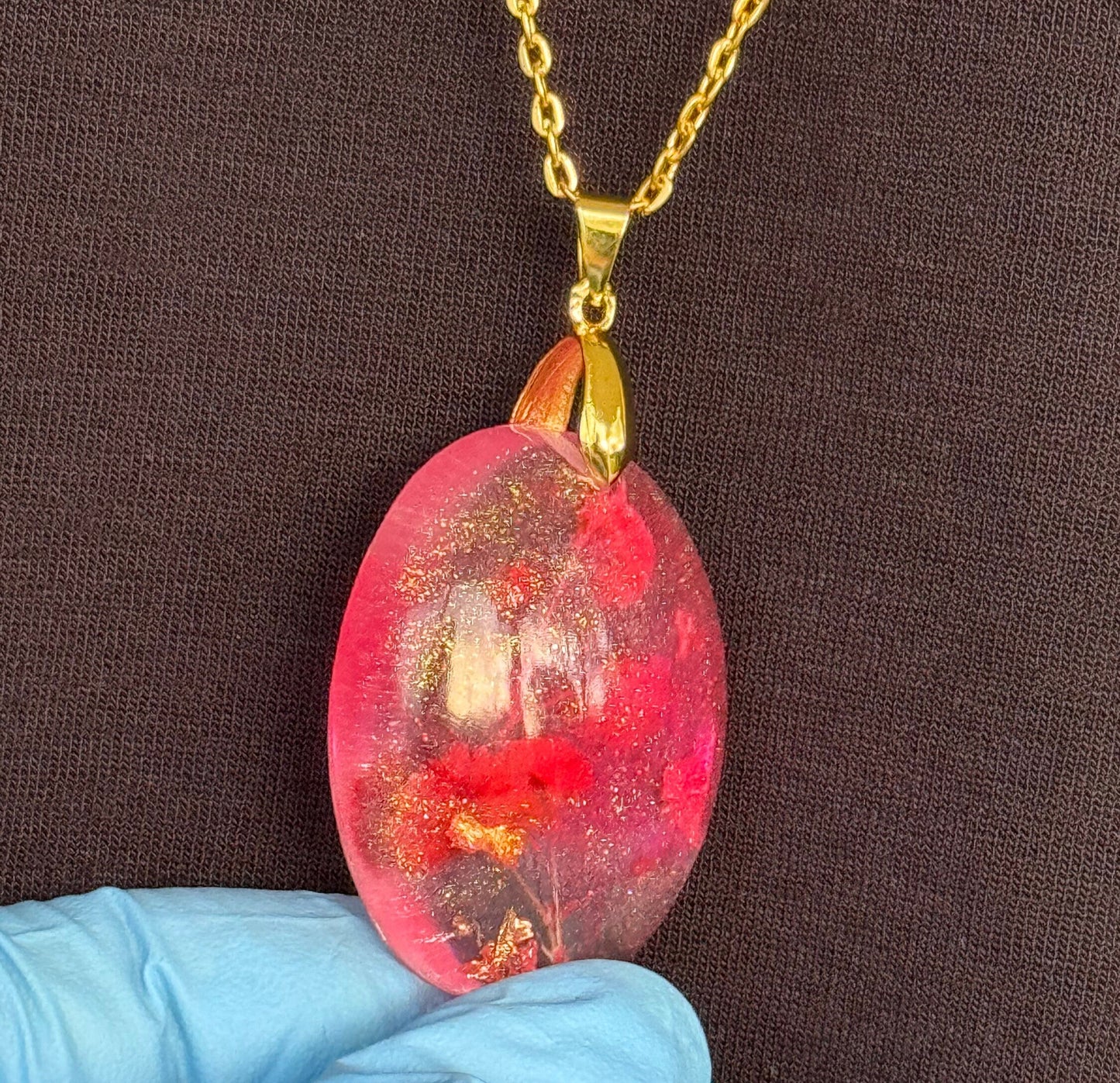 Dried Red Flowers with Gold Leaf in Pink Half Oval Epoxy Resin Long Gold Chain Pendant