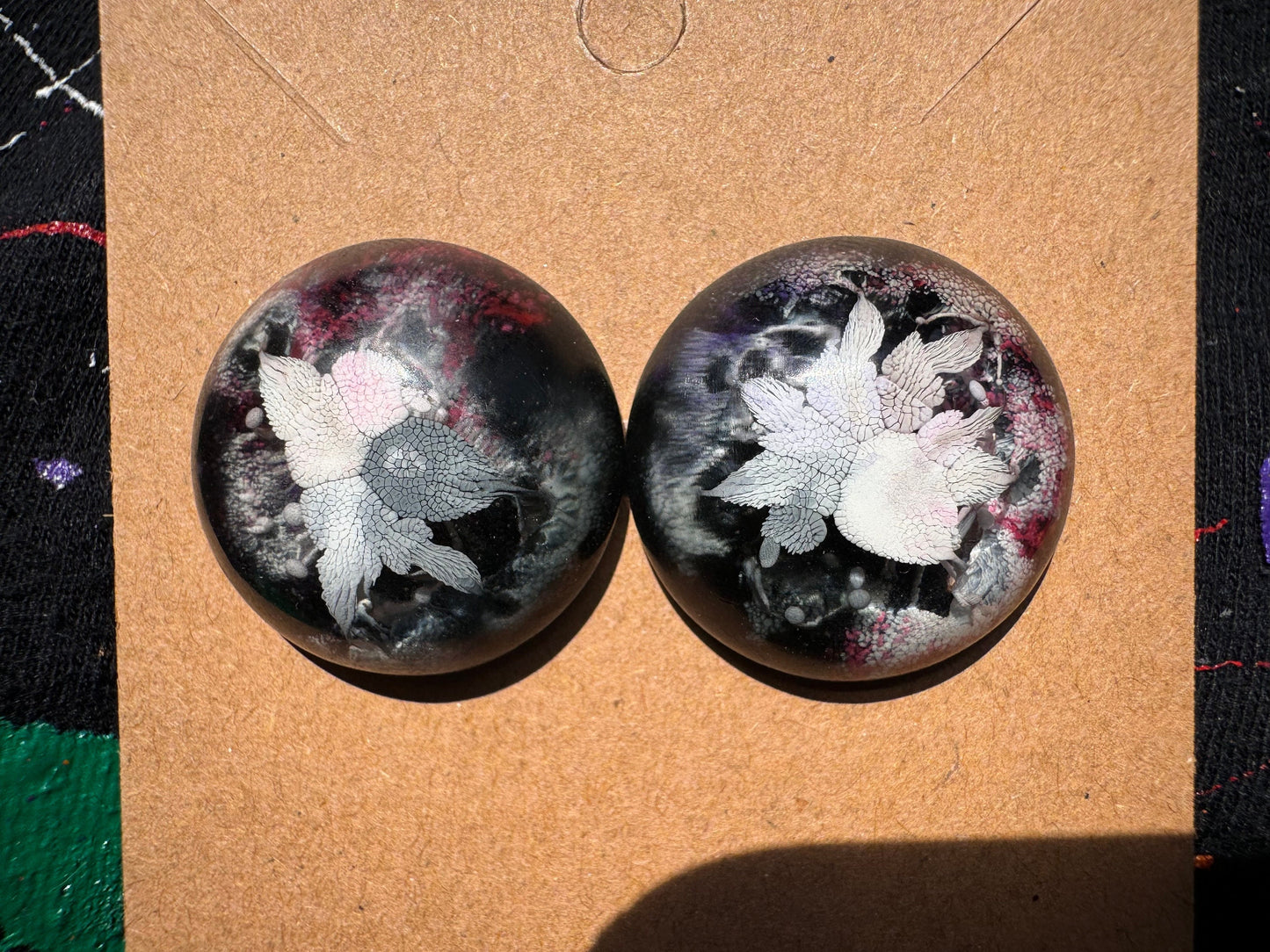 Large 2.5 cm Red Black and White Petri Style Half Sphere Stud Epoxy Resin Earrings with Gold Studs