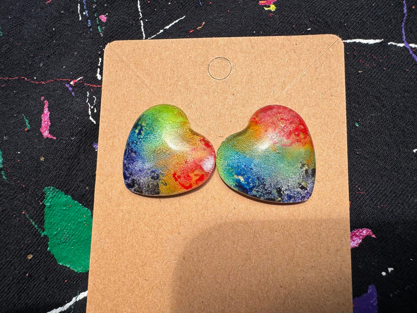 Rainbow Pride Medium 2.5 cm Petri Style Heart Epoxy Resin Earrings with Gold Studs