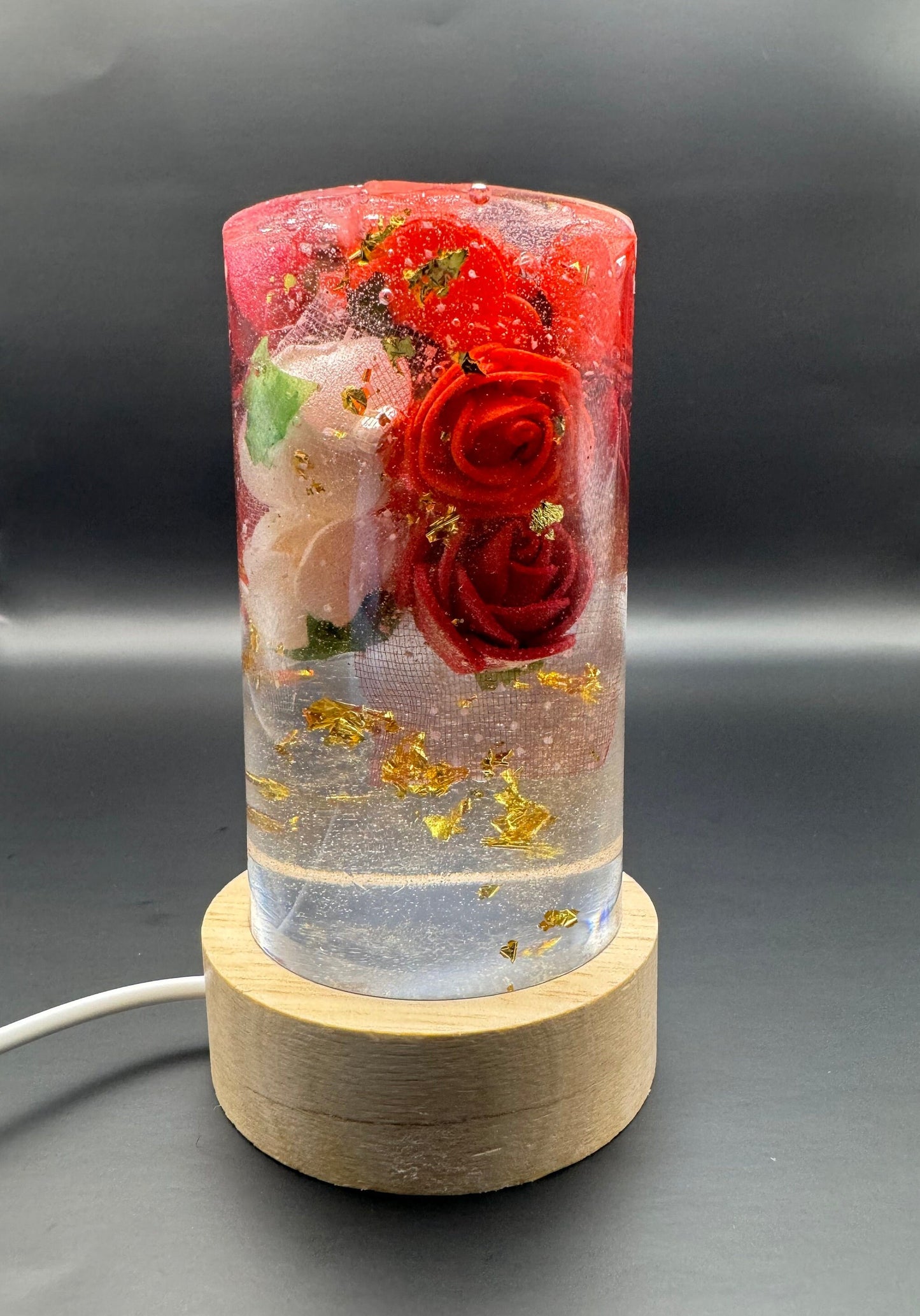 Maroon Red and White Roses with Gold Leaf Epoxy Resin Lamp Night Light with Wooden Base