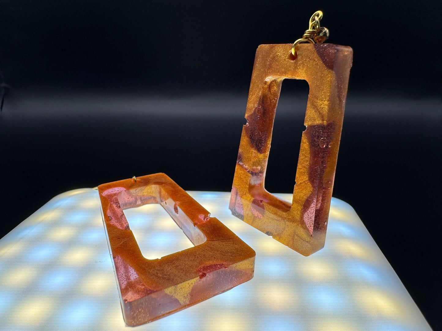 Hollow Rectangle with Translucent Purple & Metallic Gold Drop Epoxy Resin Earrings with Gold Hooks