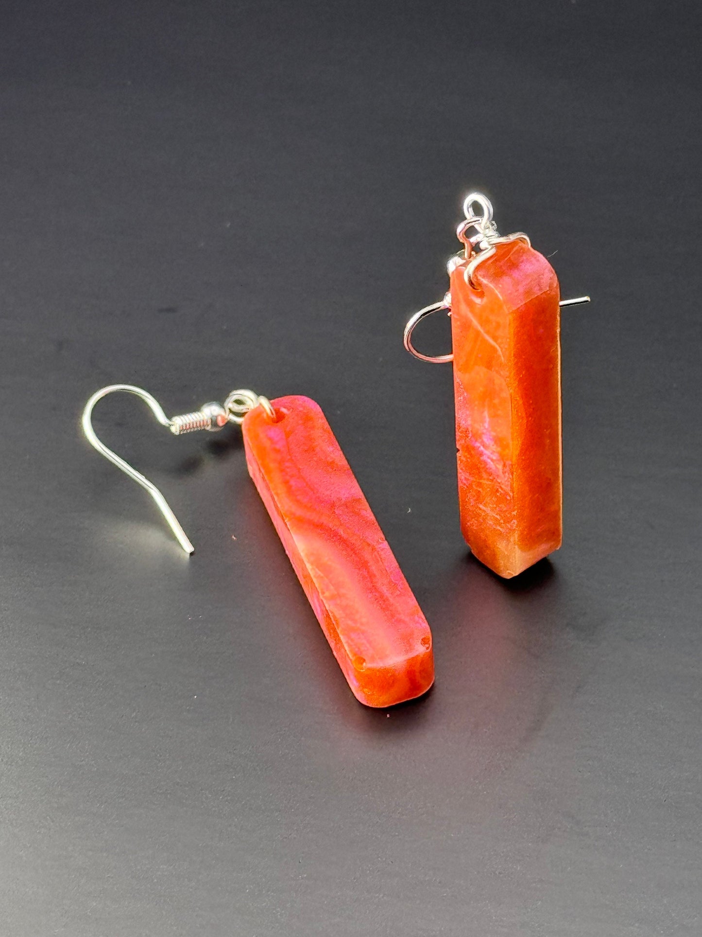 Red Pink & Orange Chameleon Flake Duochrome Long Rectangle Dangle Handmade Epoxy Resin Earrings with Silver Hooks