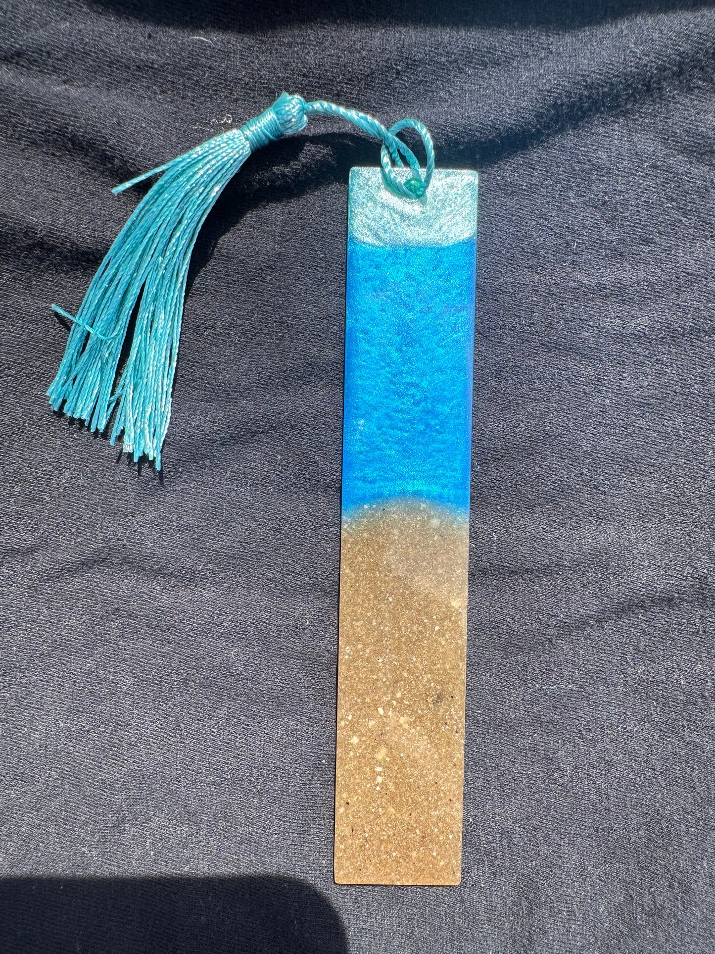 1.2 x 5.8 Ocean Real Sand Metallic Blue Teal Bookmark with Cyan Tassel