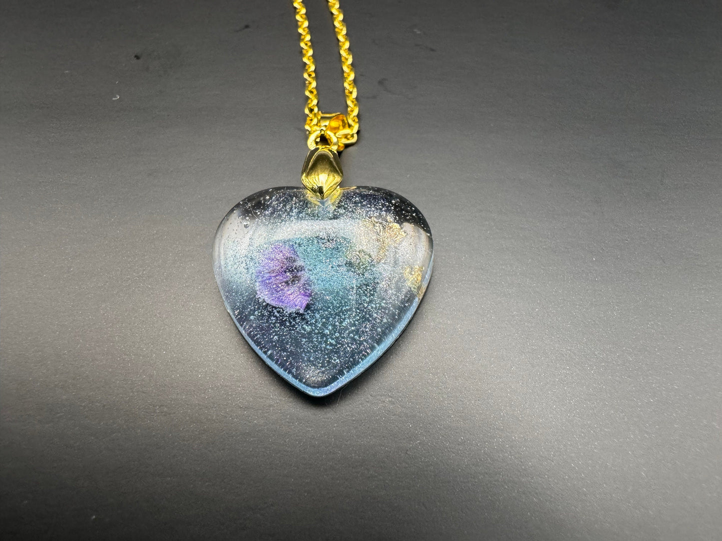 Dried Purple Flowers with Gold Leaf & Fine Glitter in Clear Heart Epoxy Resin Long Gold Chain Pendant