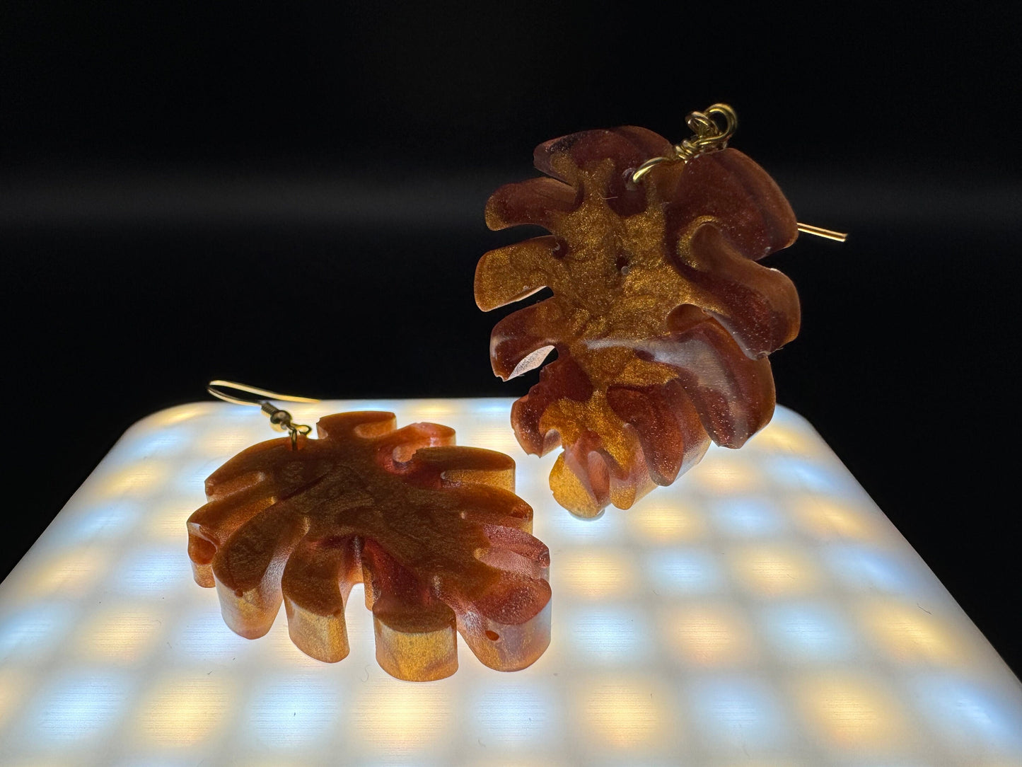 Leaf Translucent Purple and Metallic Gold Handmade Epoxy Resin Earrings with Gold Hooks