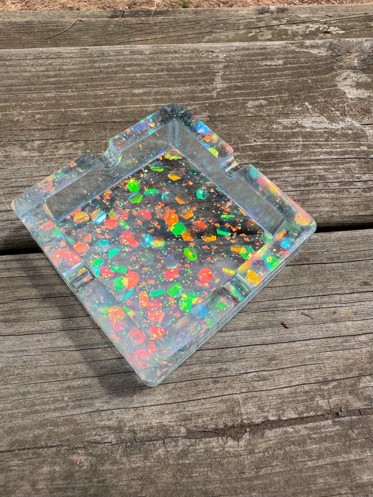 Square Translucent Blue with Chunky and Fine Holographic Fiery Purple Glitter Epoxy Resin Ashtray Dish