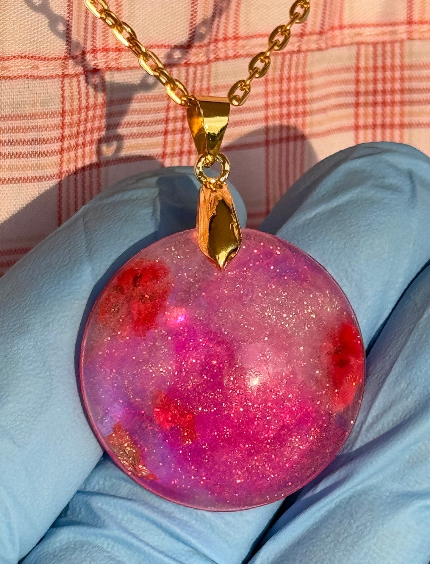 Red Dried Flowers Pink with Gold Flake & Fine Glitter Half Sphere Epoxy Resin Long Gold Chain Pendant