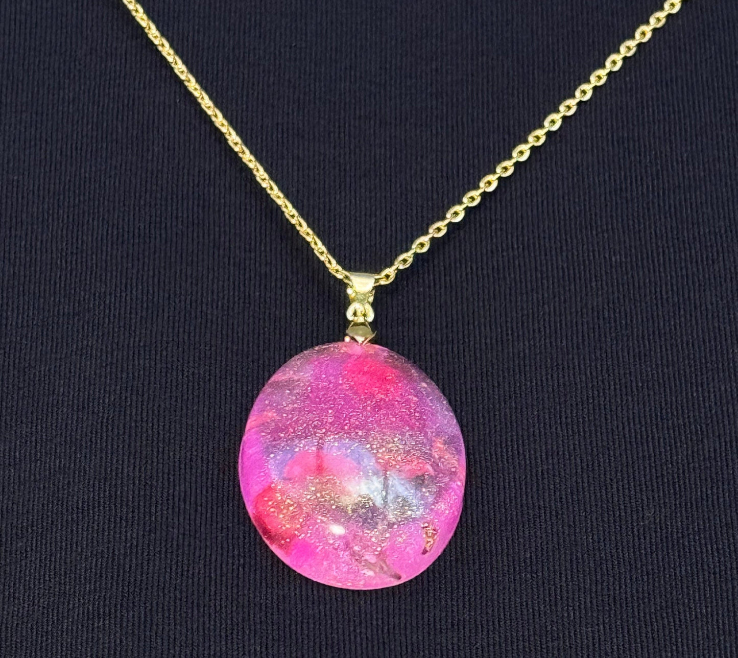 Red Dried Flowers Pink with Fine Gold Glitter Half Sphere Epoxy Resin Long Gold Chain Pendant