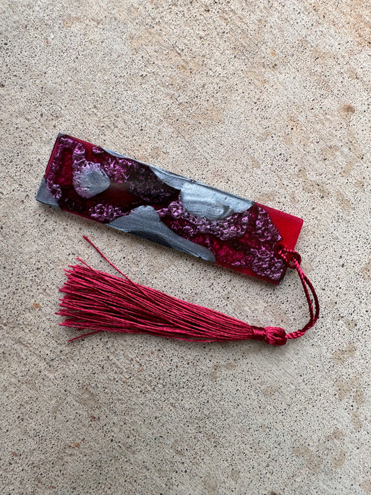 1.2 x 3.8 Flexible Bookmark Metallic Charcoal Silver Red Purple with Maroon Tassel