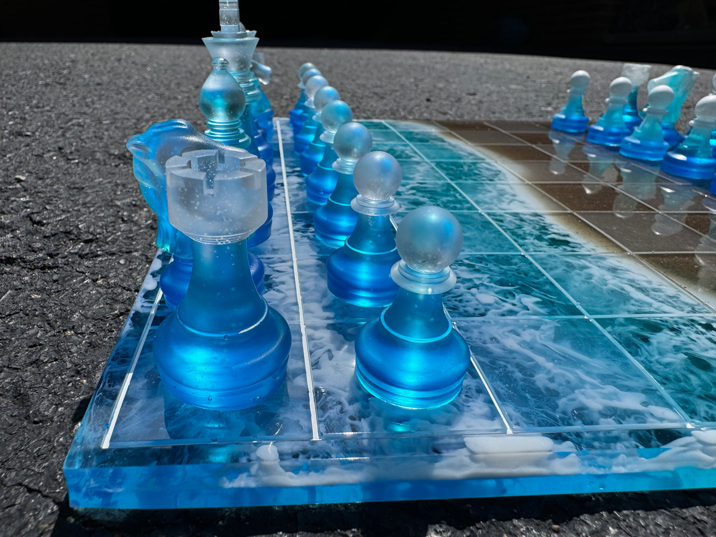 11 inch x 11 inch Ocean Water Blue Teal White Waves Clear with REAL SAND Epoxy Resin Chess Board and Chess Pieces