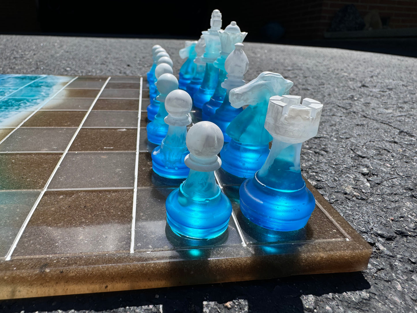 11 inch x 11 inch Ocean Water Blue Teal White Waves Clear with REAL SAND Epoxy Resin Chess Board and Chess Pieces