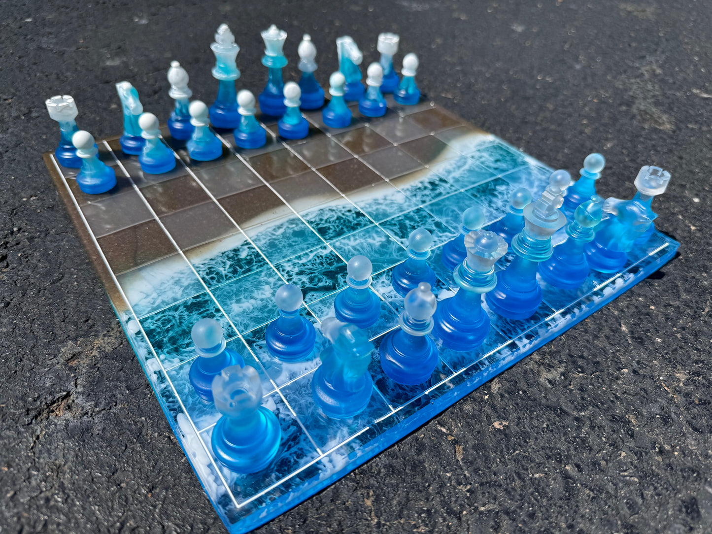 11 inch x 11 inch Ocean Water Blue Teal White Waves Clear with REAL SAND Epoxy Resin Chess Board and Chess Pieces