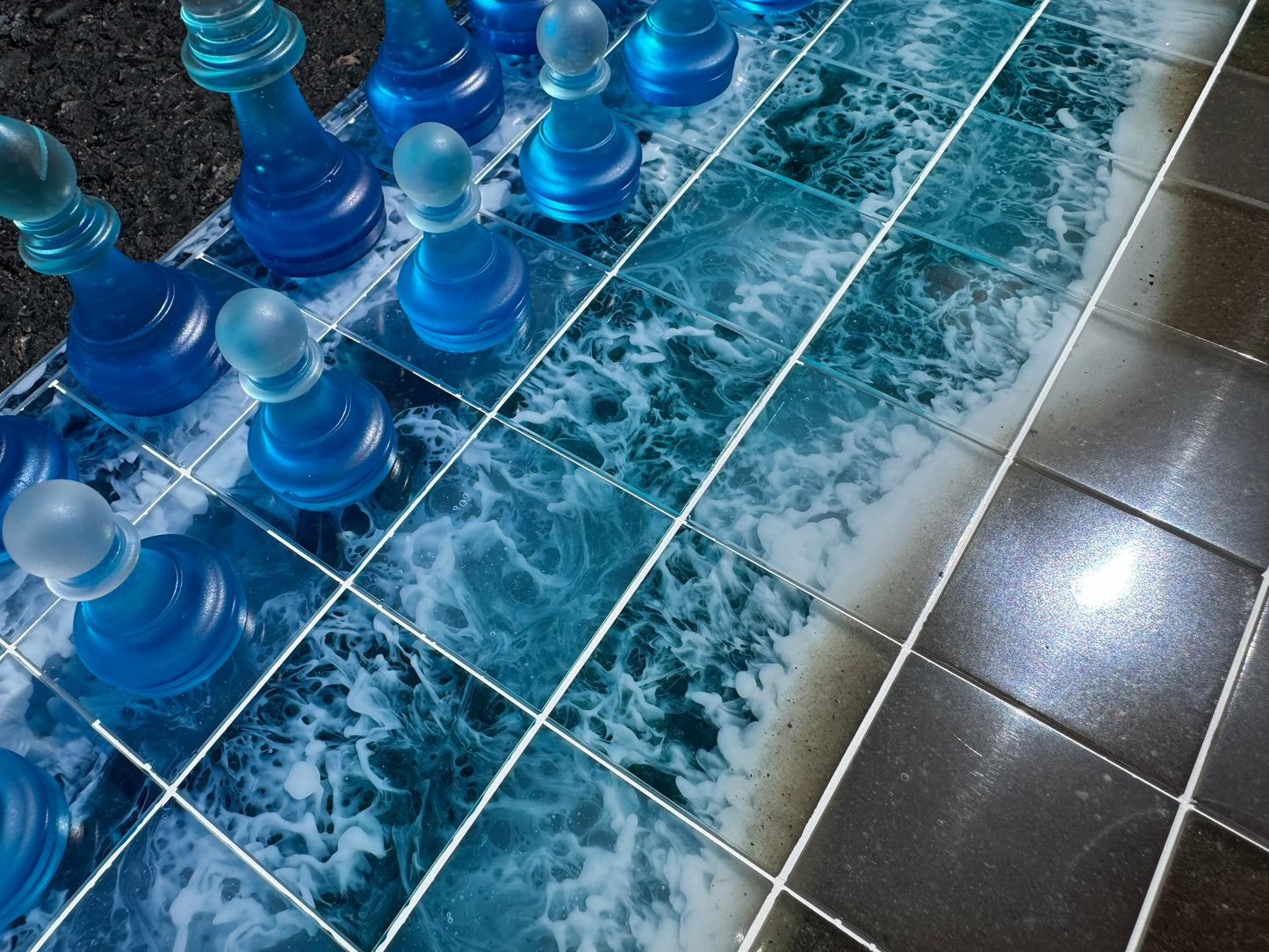 11 inch x 11 inch Ocean Water Blue Teal White Waves Clear with REAL SAND Epoxy Resin Chess Board and Chess Pieces