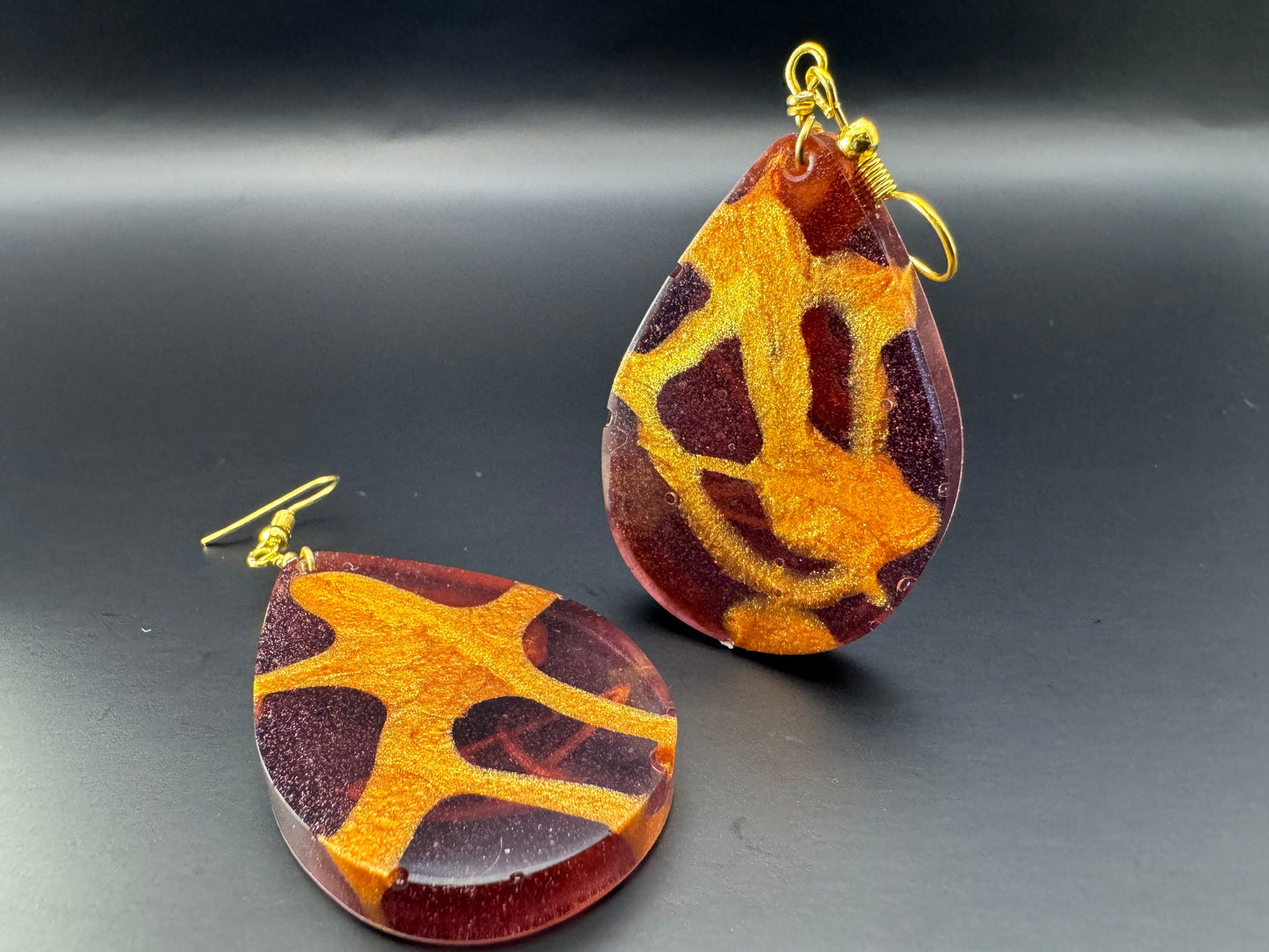 Teardrop Translucent Purple and Metallic Gold Handmade Epoxy Resin Earrings with Gold Hooks