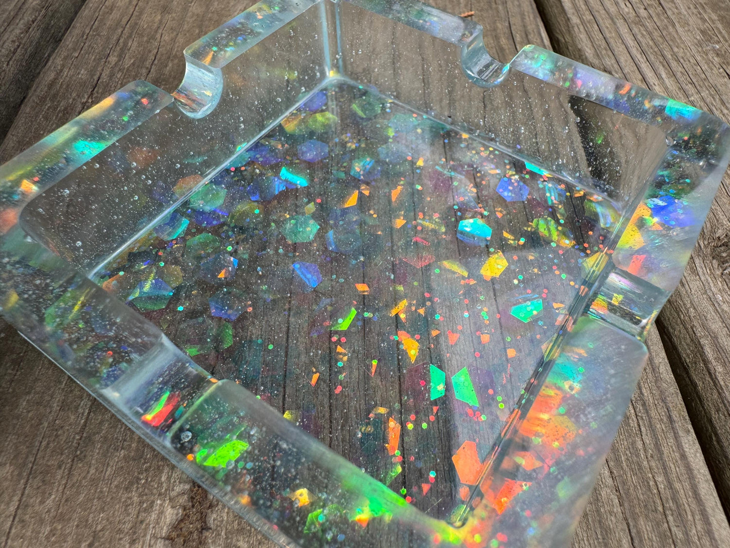 Square Translucent Blue with Chunky and Fine Holographic Fiery Purple Glitter Epoxy Resin Ashtray Dish