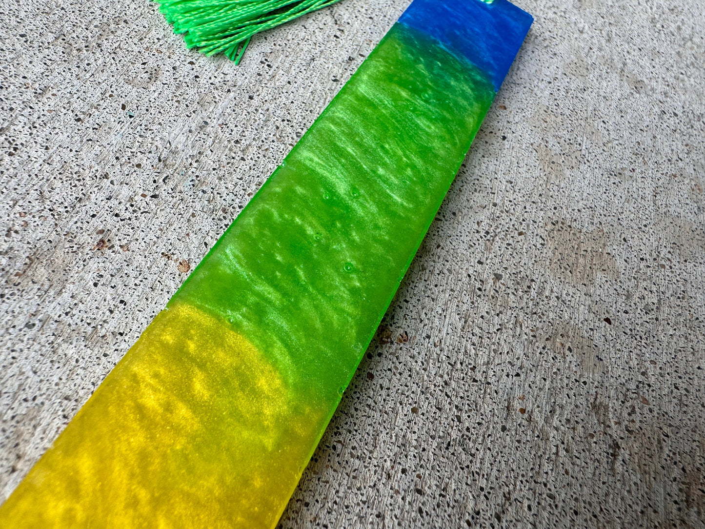 1.2 x 7.7 Bookmark Metallic Blue Green and Yellow with Lime Green Tassel