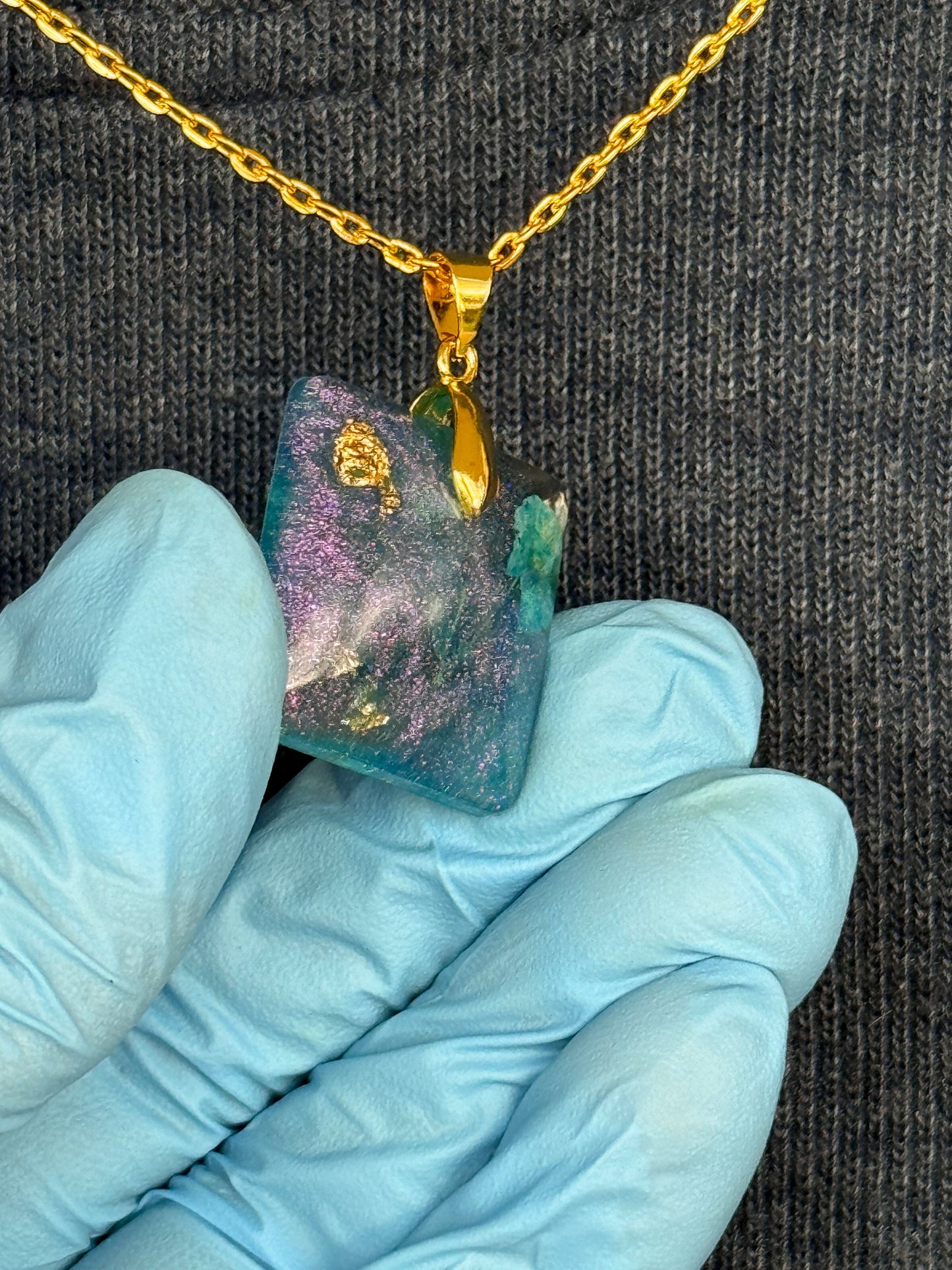 Square Blue Dehydrated Flowers Purple Chameleon Flake and Gold Flake Pendant with Long Chain