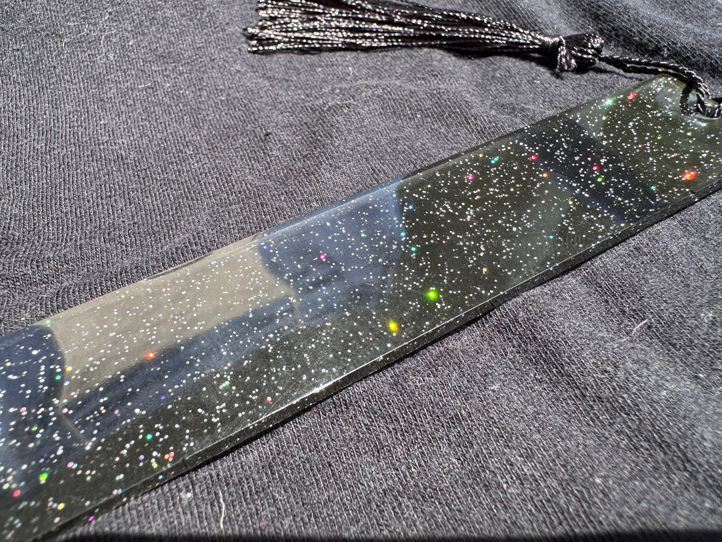 1.2 x 5.8 Translucent Black with Rainbow Holographic Glitter Bookmark with Black Tassel