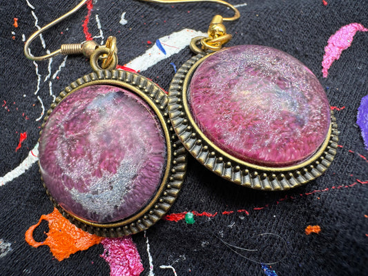 Purple and Pink Cat Eye Petri StyleMedium  Half Sphere Epoxy Resin Earrings with Gold Hooks and Bezel