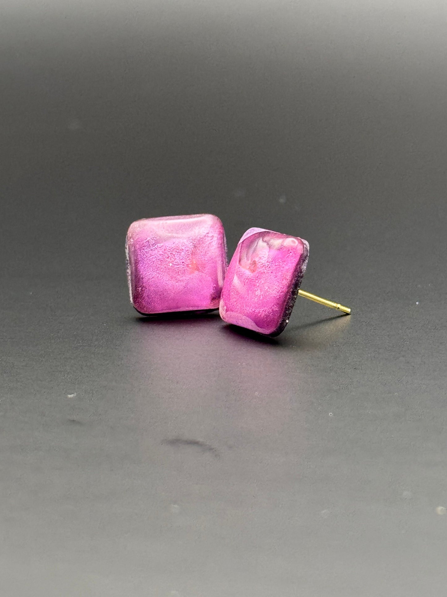 Small Pink White Purple Rounded Square Petri Dish Stud Epoxy Resin Earrings with Gold Studs