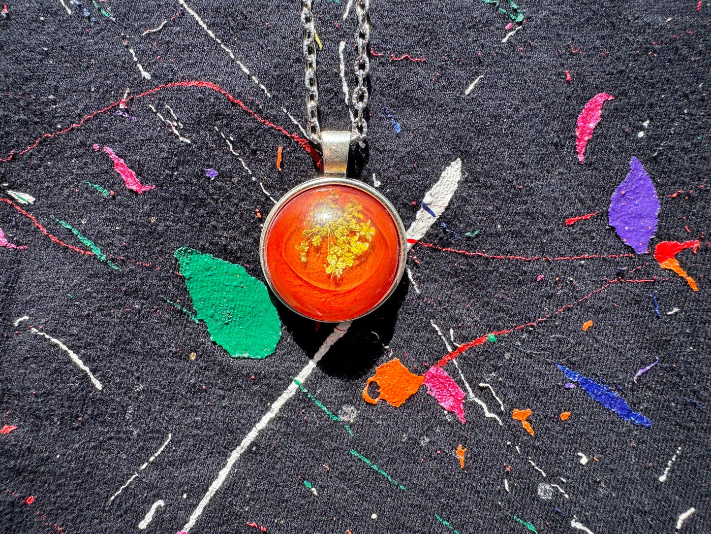 Dried Yellow Flower with Orange Backing Clear Half Sphere Pendant with Long Silver Chain and Bezel