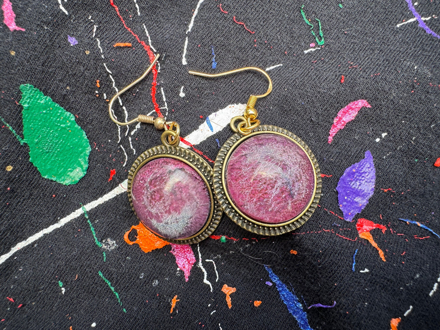 Purple and Pink Cat Eye Petri StyleMedium  Half Sphere Epoxy Resin Earrings with Gold Hooks and Bezel