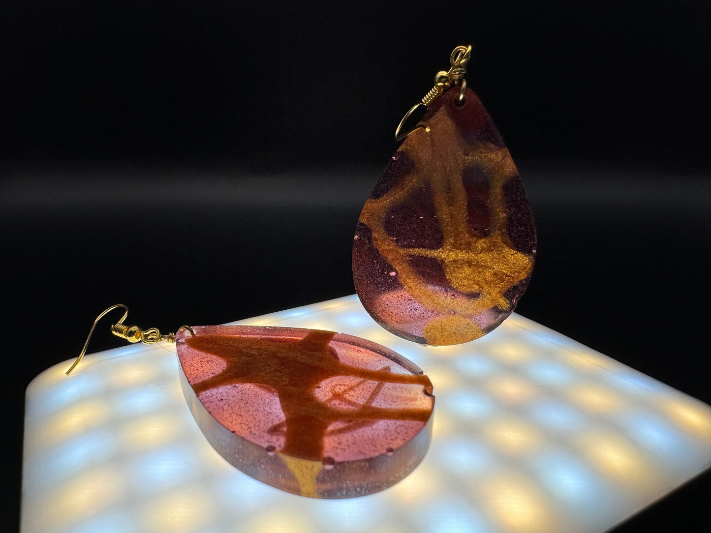 Teardrop Translucent Purple and Metallic Gold Handmade Epoxy Resin Earrings with Gold Hooks