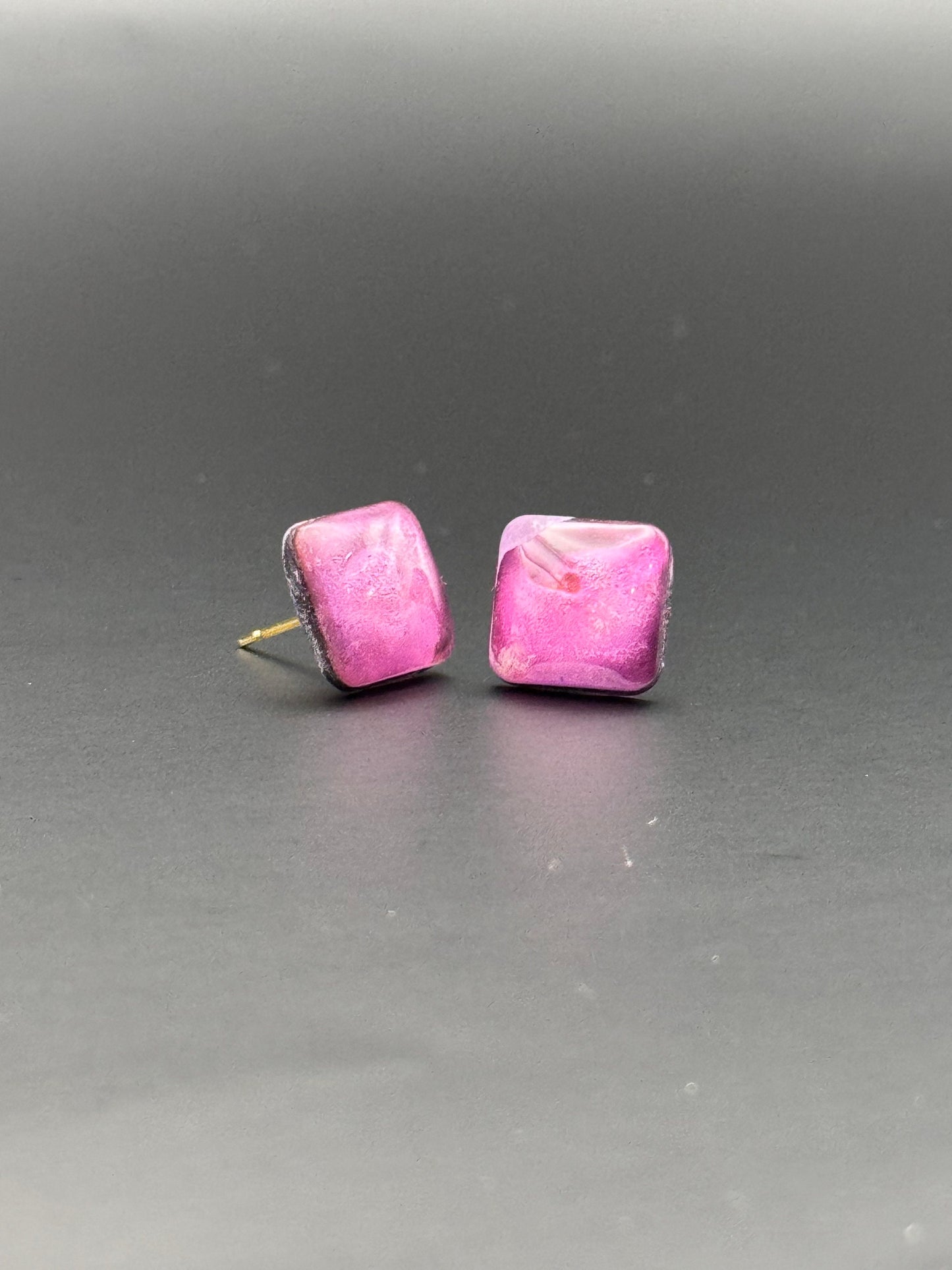 Small Pink White Purple Rounded Square Petri Dish Stud Epoxy Resin Earrings with Gold Studs