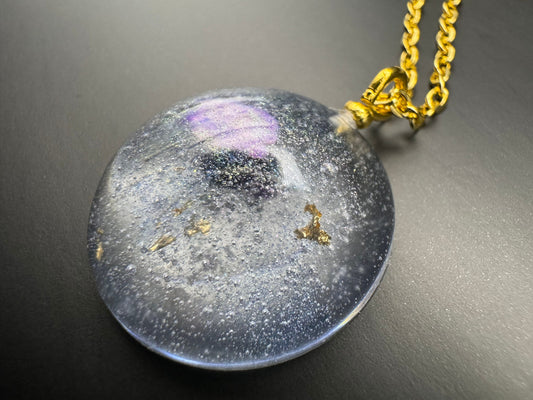 Dried Purple Flower and Gold Flake Clear Half Sphere Pendant with Long Chain