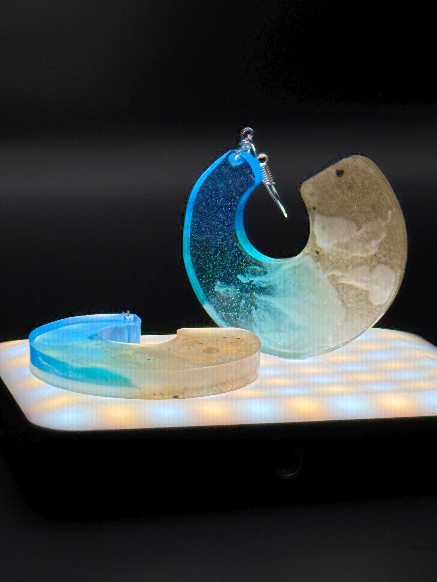 Ocean Waves Real Sand Circle with Negative Space Translucent Handmade Epoxy Resin Earrings with Silver Hooks