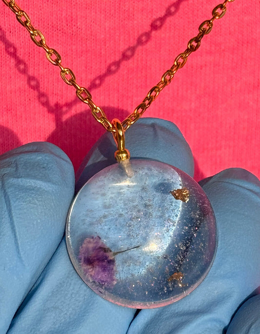 Dried Purple Flower and Gold Flake Clear Half Sphere Pendant with Long Chain