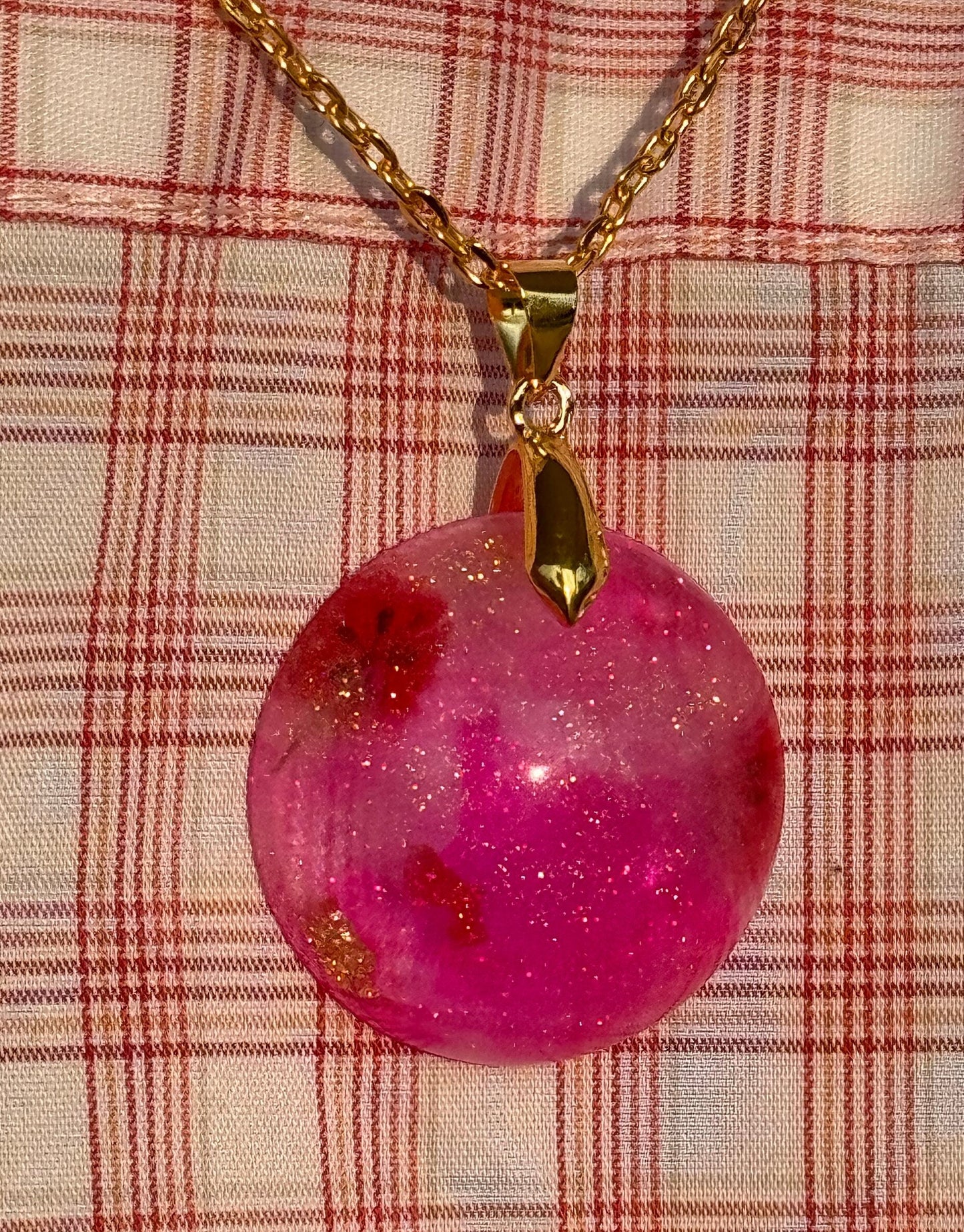 Red Dried Flowers Pink with Gold Flake & Fine Glitter Half Sphere Epoxy Resin Long Gold Chain Pendant