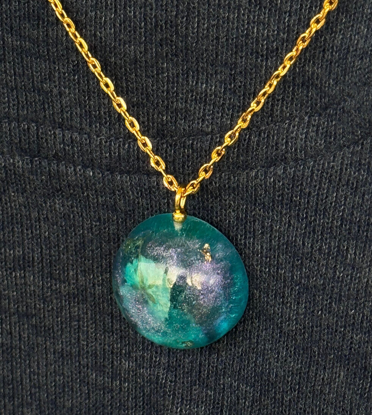 Dried Blue Flower Purple Chameleon Flake and Gold Flake Half Sphere Pendant with Long Chain