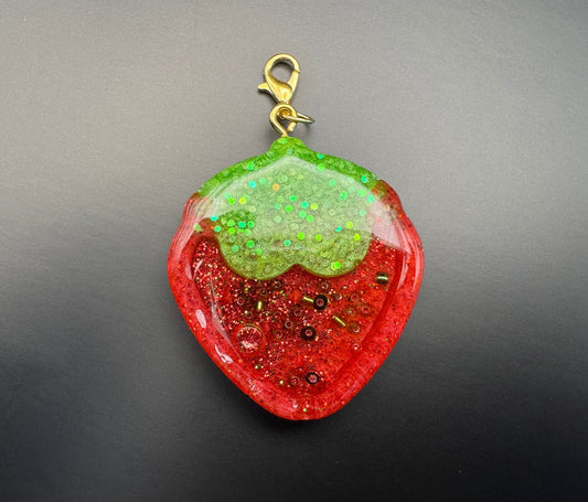 Metallic Red and Green Strawberry Resin Shaker with Gold Keychain