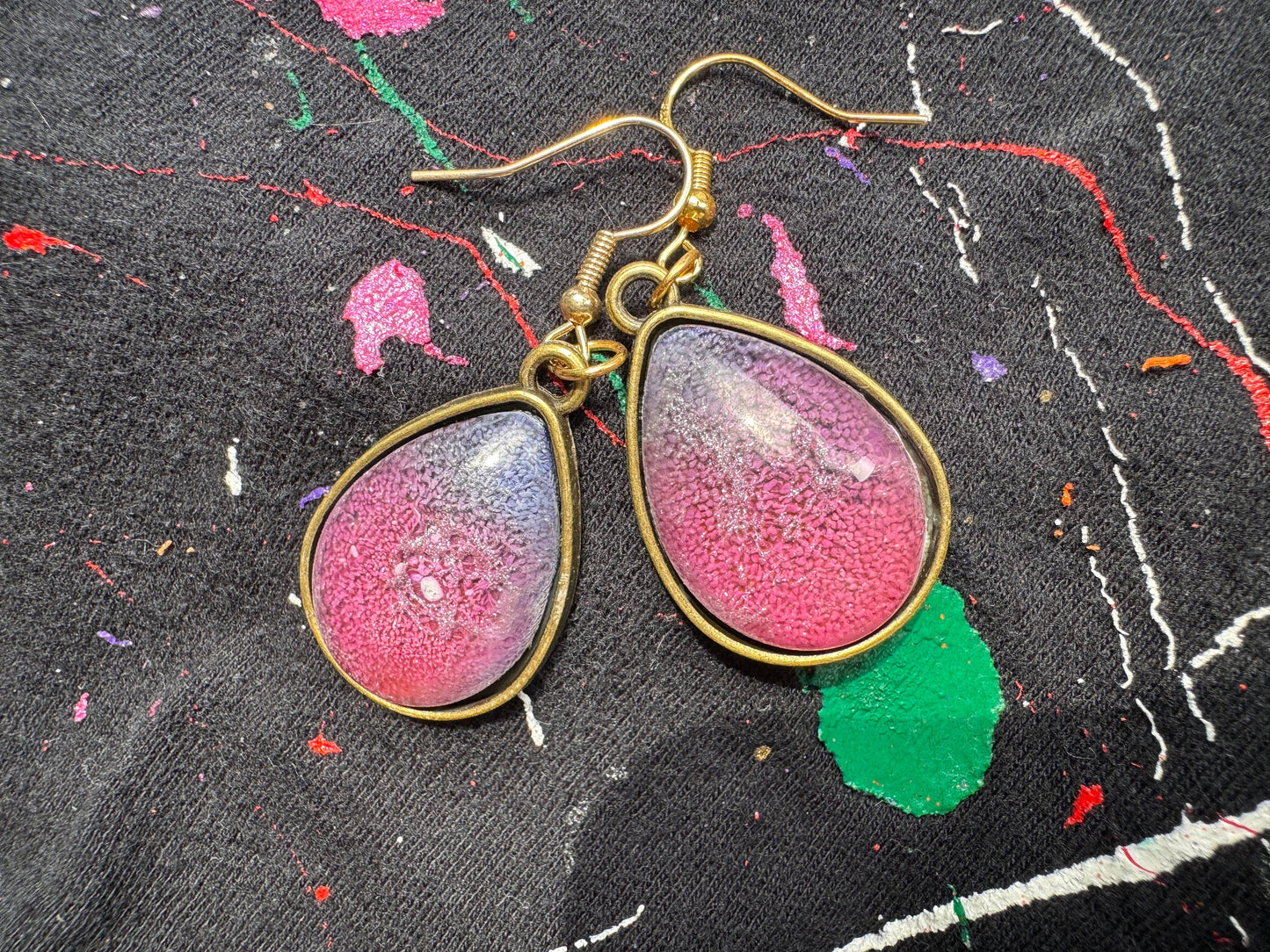 Pink and Blue Cat Eye Petri Style Teardrop Epoxy Resin Earrings with Gold Hooks and Bezel