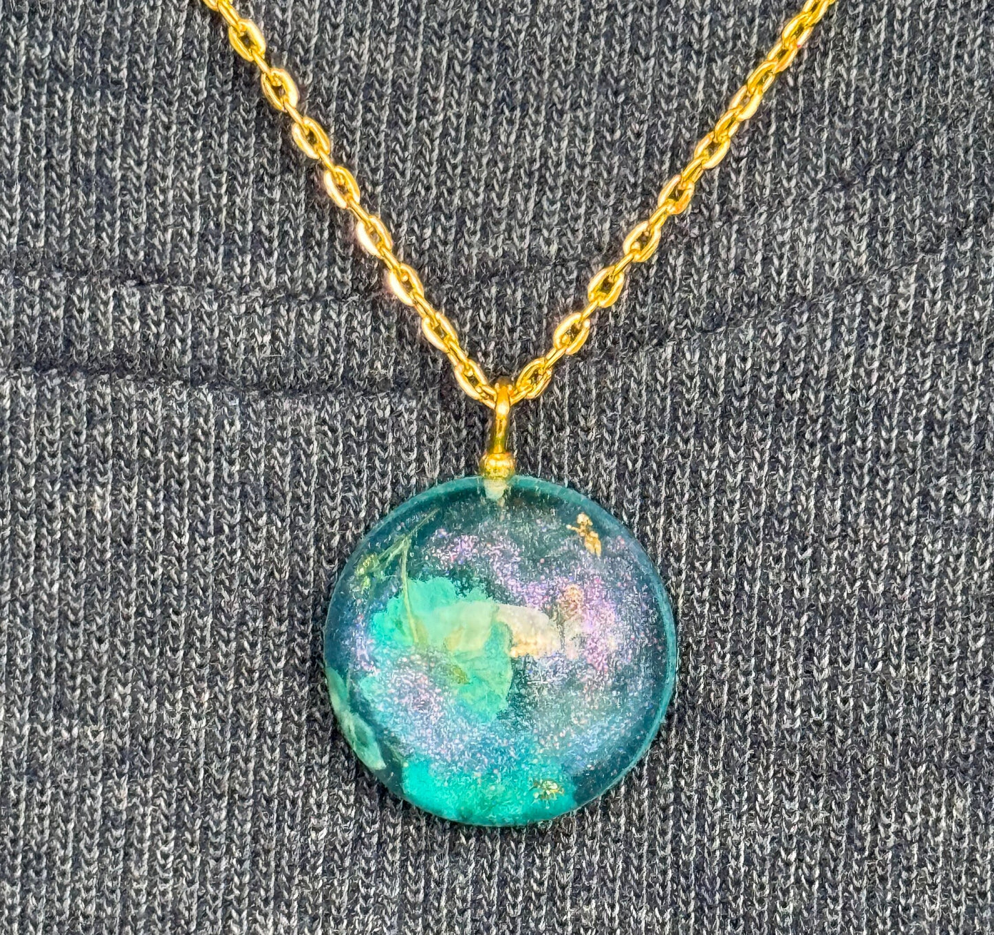 Dried Blue Flower Purple Chameleon Flake and Gold Flake Half Sphere Pendant with Long Chain