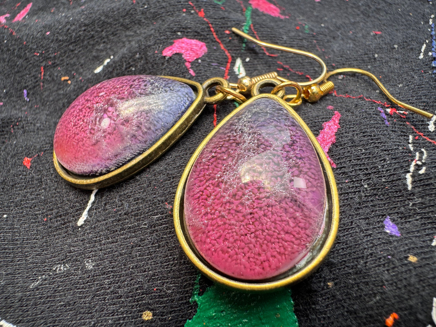 Pink and Blue Cat Eye Petri Style Teardrop Epoxy Resin Earrings with Gold Hooks and Bezel