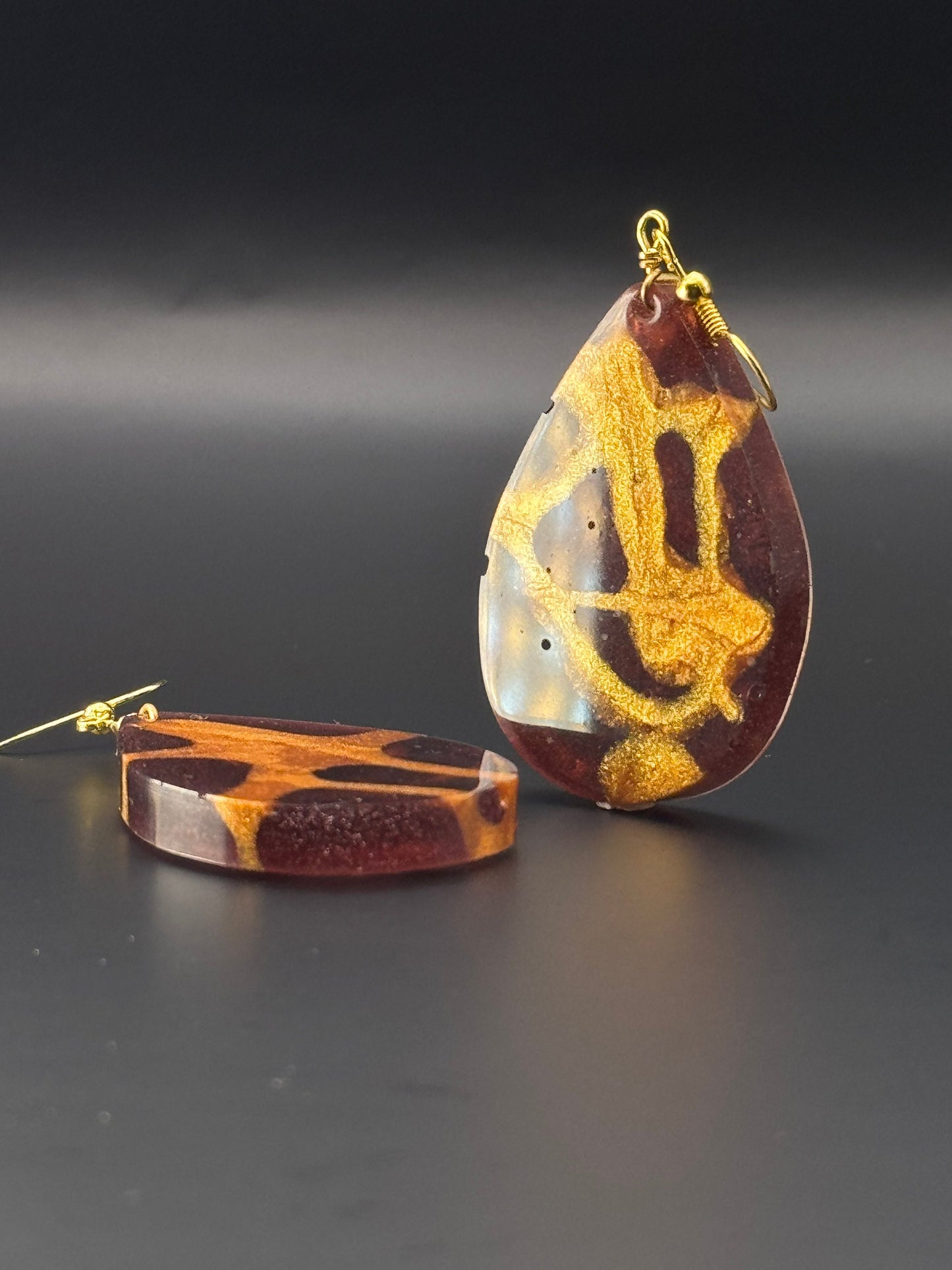 Teardrop Translucent Purple and Metallic Gold Handmade Epoxy Resin Earrings with Gold Hooks