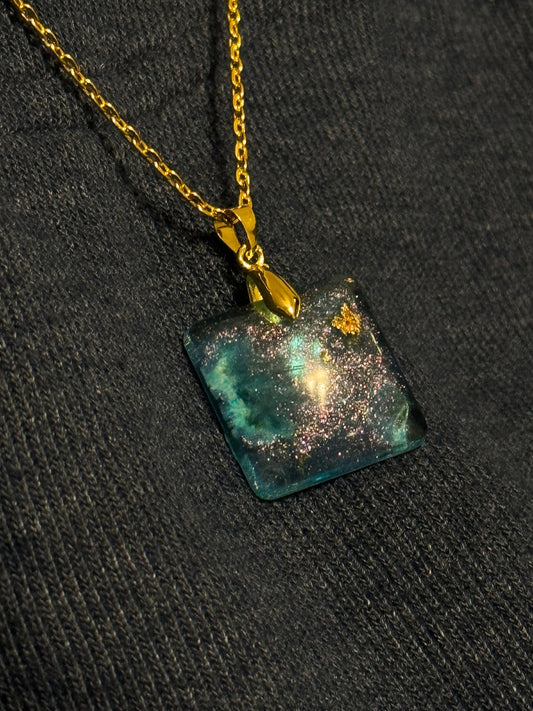 Square Dried Blue Flower Purple Chameleon Flake and Gold Flake Pendant with Long Chain