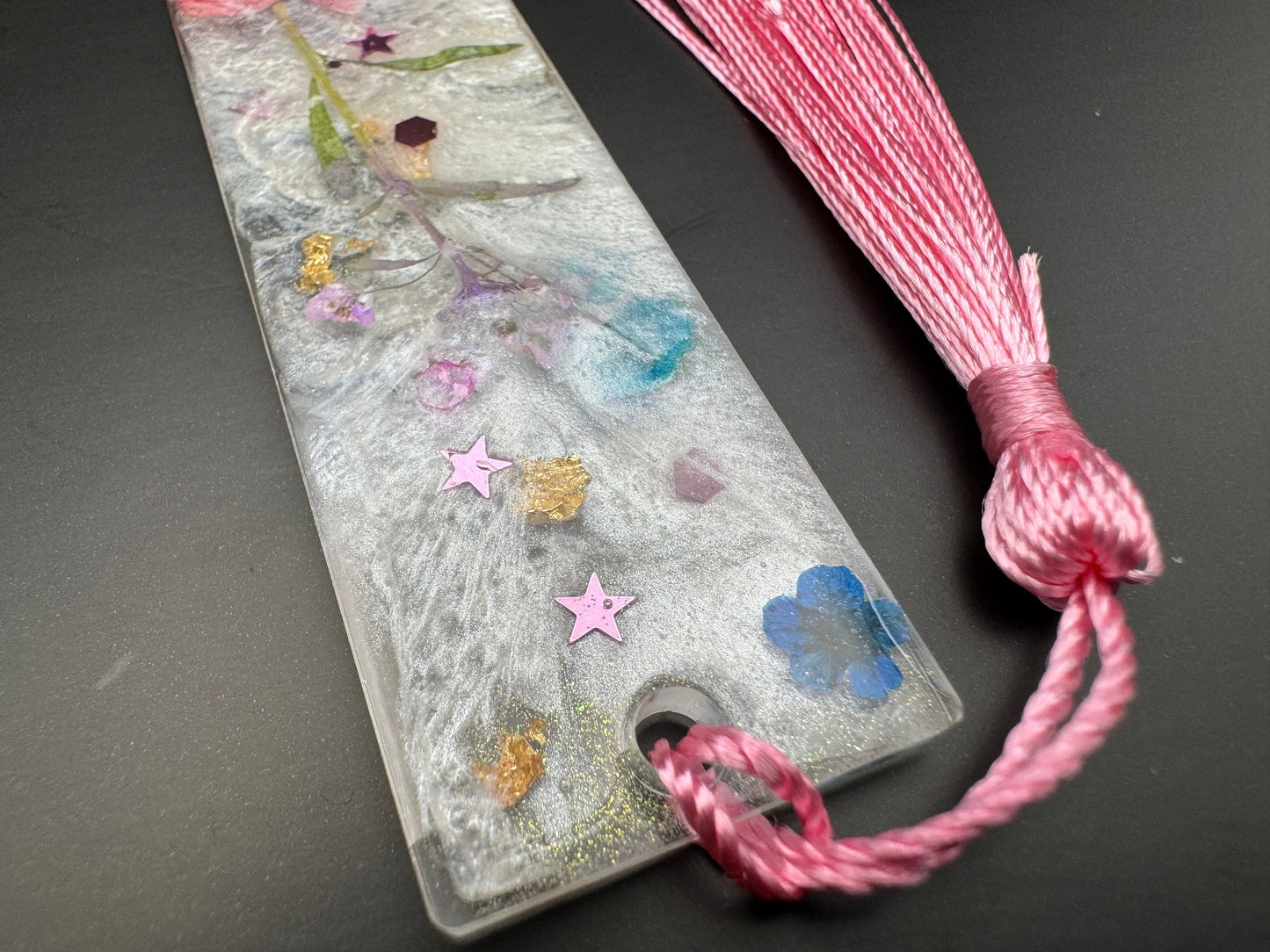 1.2 x 3.8 Bookmark Dried Pink and Blue Flowers with Shimmering White Backdrop and Pink Star and Hexagon Glitter with Baby Pink Tassel