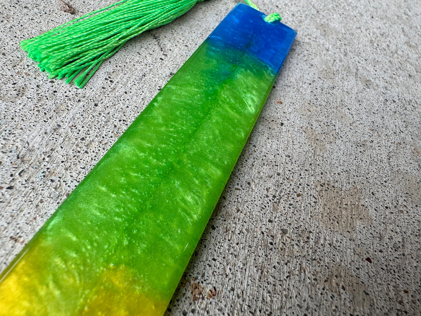 1.2 x 7.7 Bookmark Metallic Blue Green and Yellow with Lime Green Tassel