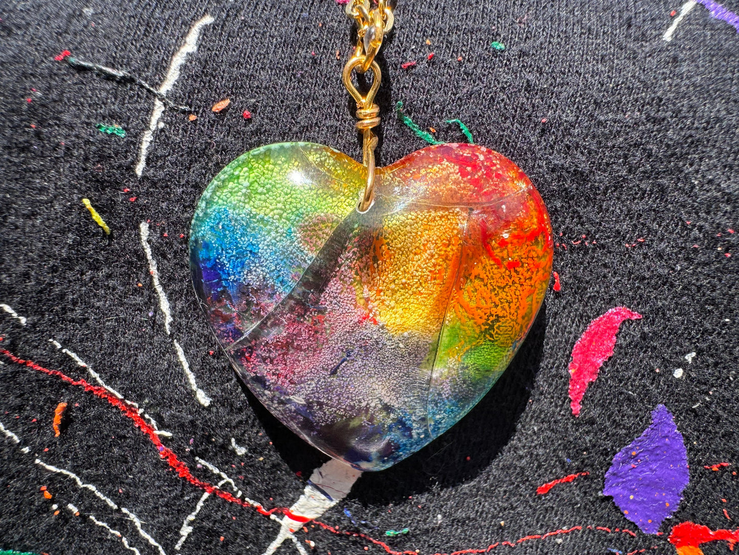 Cracked Rainbow Heart Petri in Clear Heart Epoxy Resin Long Gold Chain Pendant