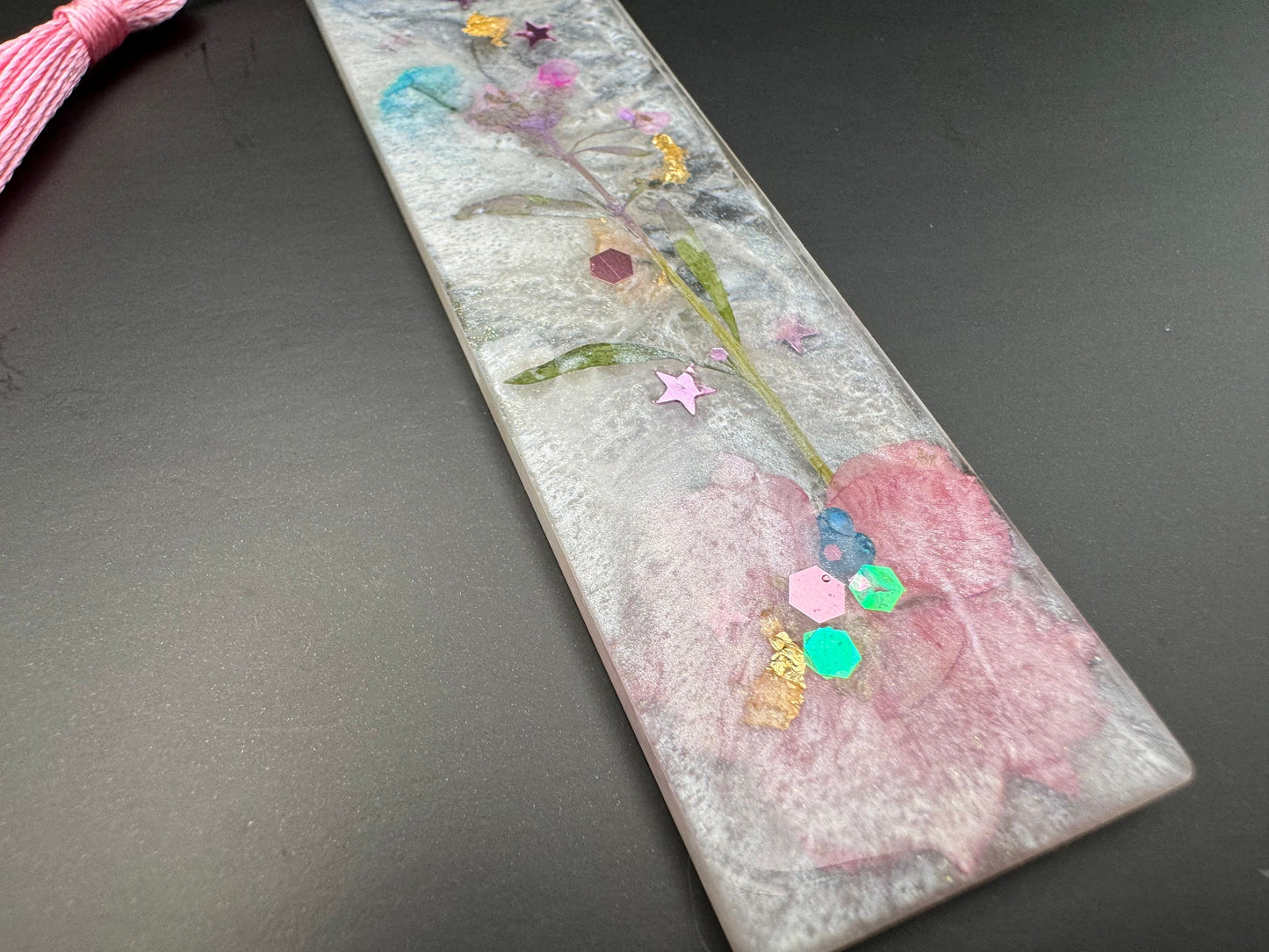 1.2 x 3.8 Bookmark Dried Pink and Blue Flowers with Shimmering White Backdrop and Pink Star and Hexagon Glitter with Baby Pink Tassel